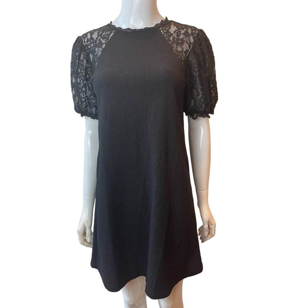 Zara Womens Floral Lace Shift Dress Puff Sleeve Waffle Knit Back Keyhole Black S